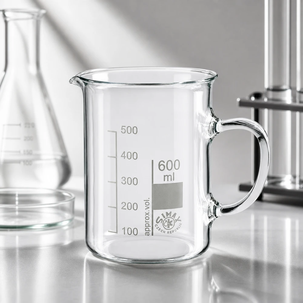 Vaso de vidrio de borosilicato de 600 ml, con asa Vaso de precipitados vacío de 600 ml con asa, de la marca SIMAX (República Checa), sobre la mesa de trabajo del laboratorio