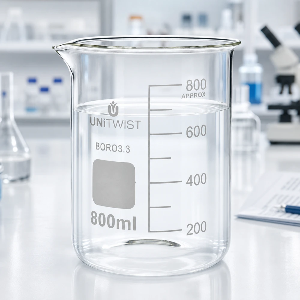 Vaso 800 ml borosilicato, molde bajo UNiTWIST Vaso de precipitados UNiTWIST de 800 ml, de borosilicato 3.3, de perfil bajo, transparente, sobre una mesa de laboratorio blanca