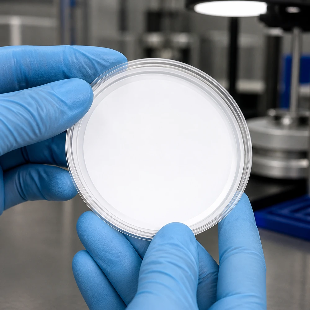 Fotografía de laboratorio de una tapa BasicSeal blanca TO63 de 63 mm UNiTWIST sujeta con guantes protectores azules