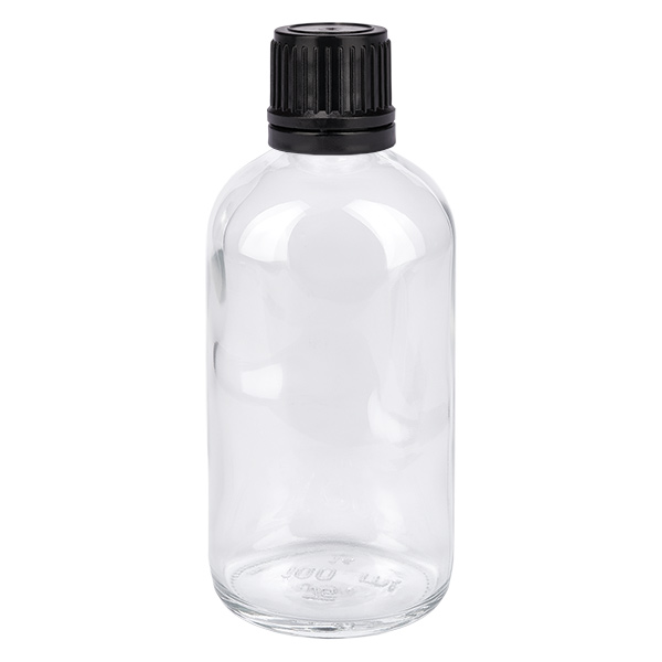 Botella Globul 100ml 8mm anillo vertedor negro cierre estándar ClearLine UT18/1 Frasco de cristal transparente de 100 ml con tapón de rosca negro para glóbulos homeopáticos y productos homeopáticos