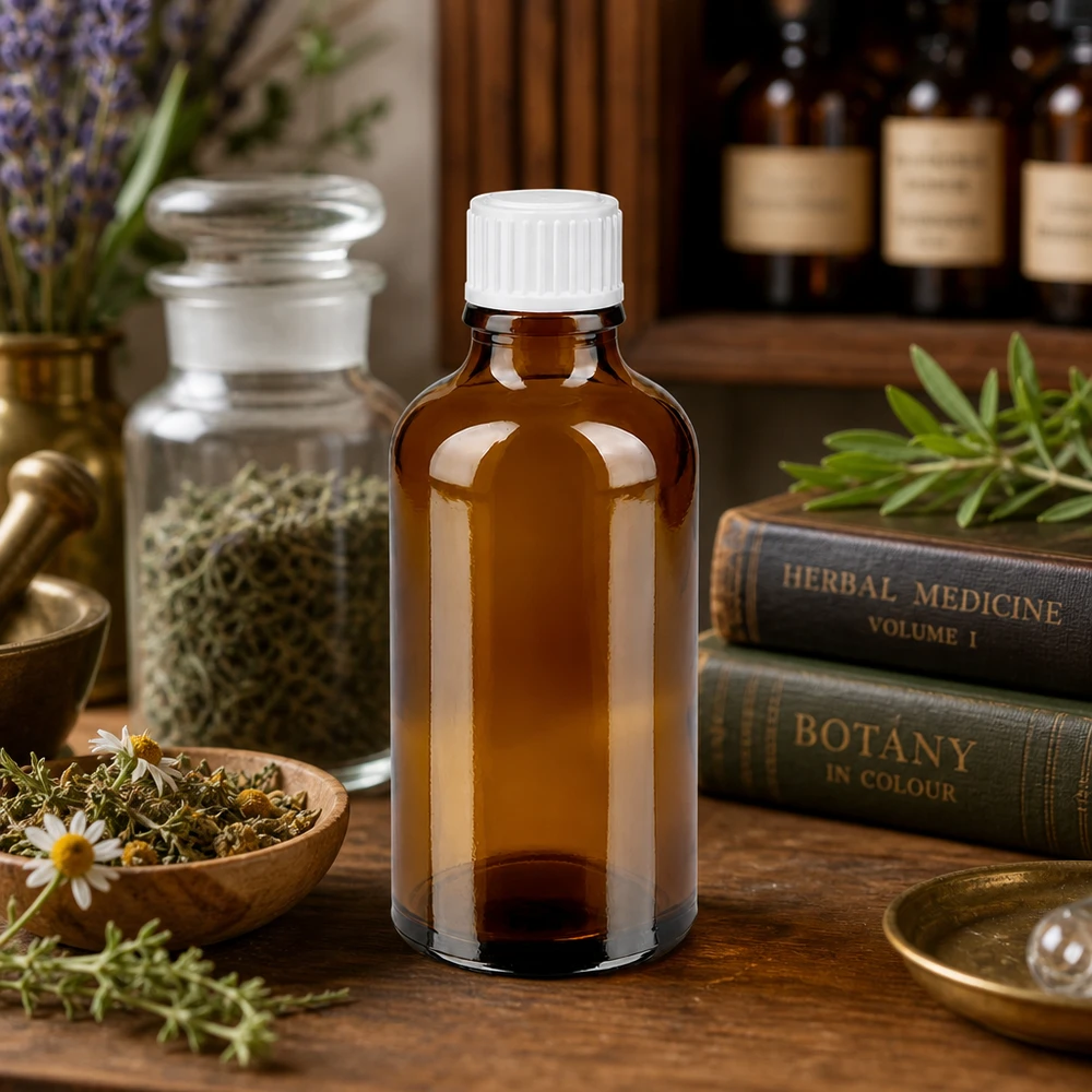 Botella de farmacia marrón 50ml tapón de rosca blanco estándar Frasco de farmacia clásico de 50 ml, de color marrón con tapón blanco, entre libros de hierbas y plantas medicinales