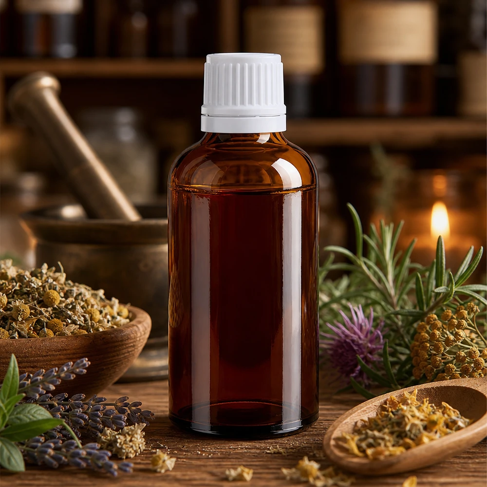 Botella de farmacia marrón 50ml tapón rosca cierre inviolable blanco Frasco de farmacia de vidrio ámbar de 50 ml con tapón de rosca blanco, entre hierbas y plantas medicinales