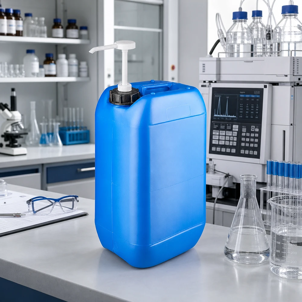 Bidón rectangular de plástico azul de 15 litros con bomba blanca en un entorno de laboratorio profesional