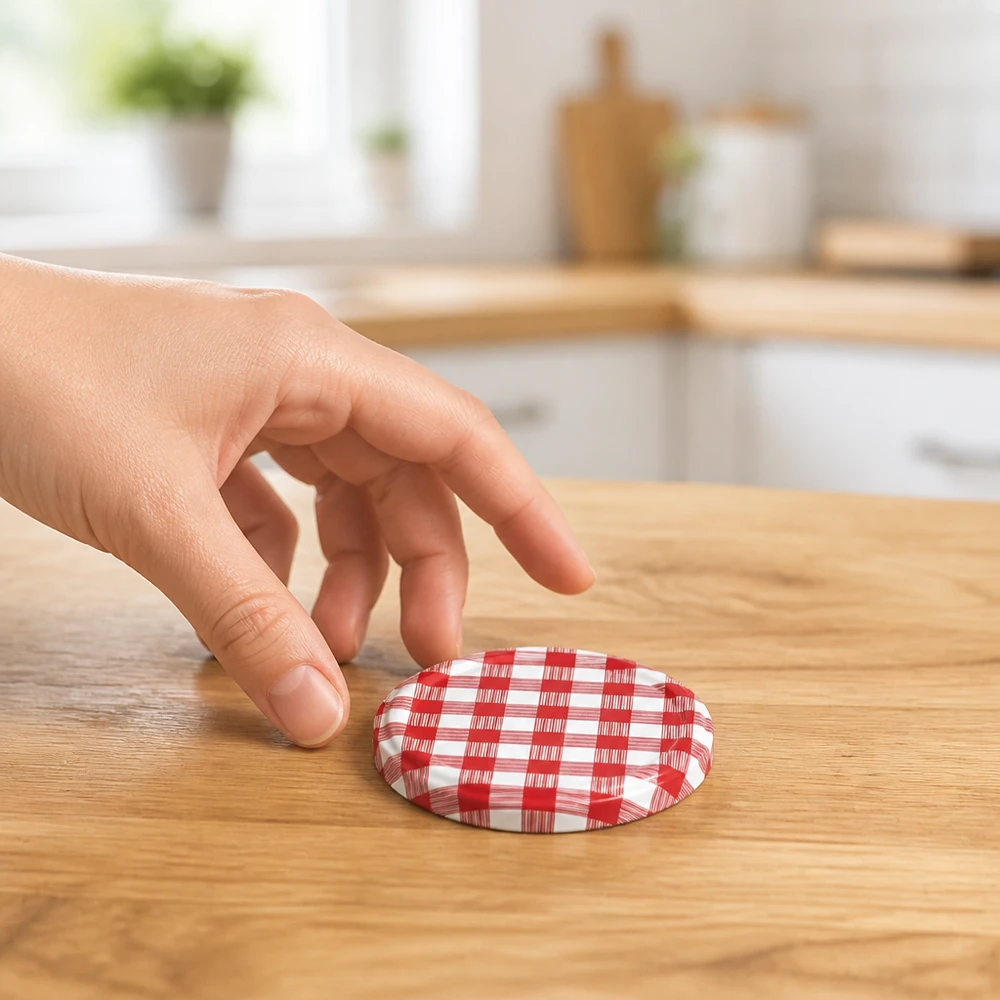 Una tapa roja de Karodeckel de 82 mm yace sobre una mesa de madera, junto a una mano que la agarra, en una cocina luminosa