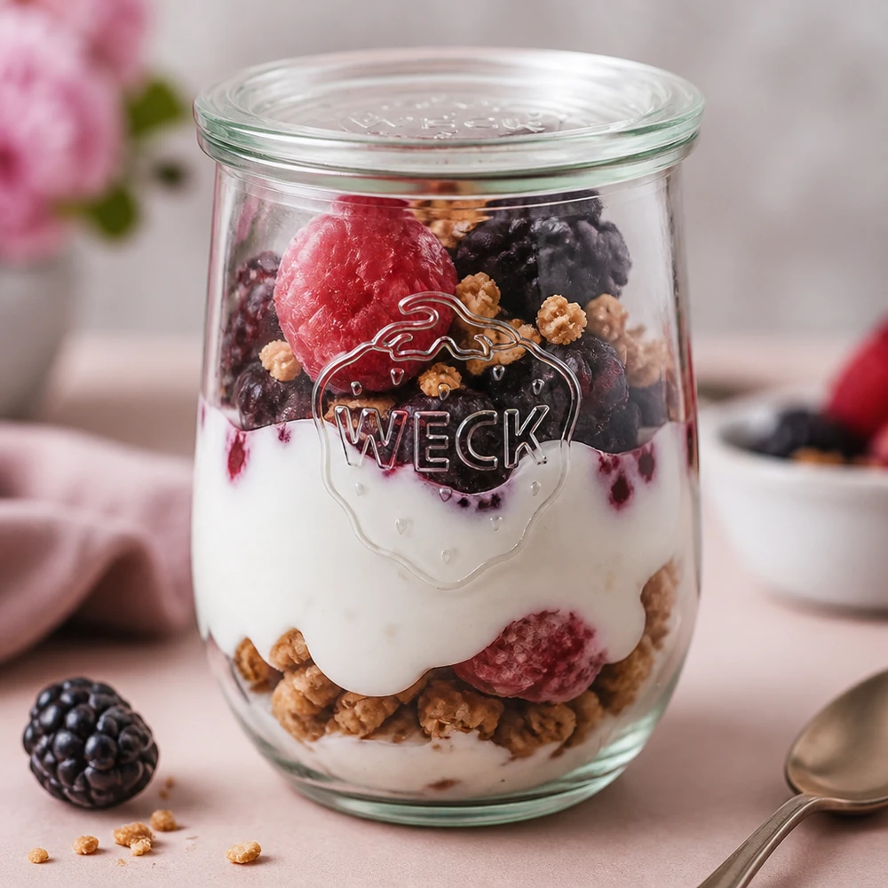 WECK tarro tulipán 1062ml relleno de yogur bayas muesli capas postre RR100 tarro tapa desayuno parfait rosa backgru