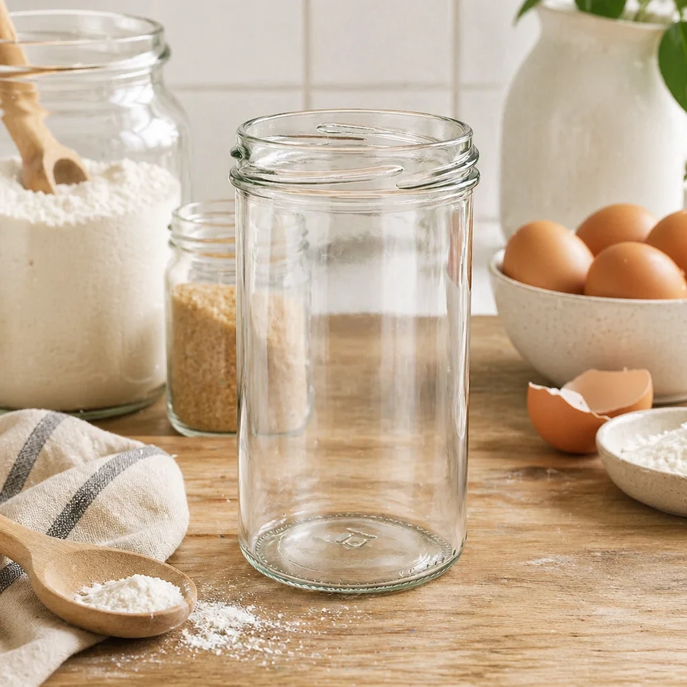 Vaso UNiTWIST 277ml TO66 vacío sobre mesa de madera con utensilios de cocina huevos y harina en cocina rústica