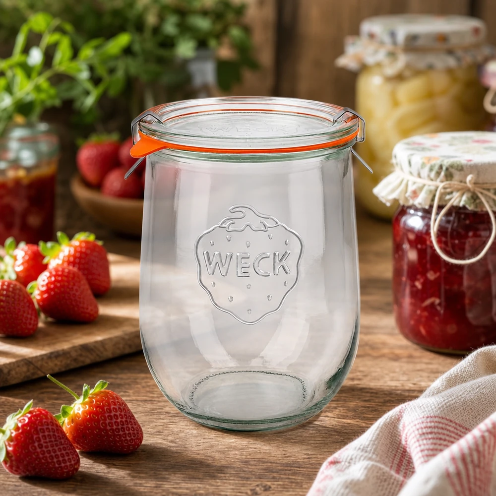 1062ml tarro tulipán completo WECK RR100 Tarro tulipán WECK 1062ml RR100 vacío con fresas y mermeladas caseras sobre mesa de madera rústica en cocina