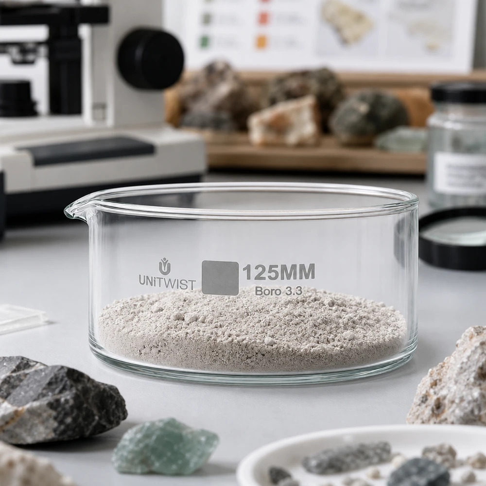 Cubeta de cristalización de 125 mm UNiTWIST Boro 3.3 con polvo de roca molida en un laboratorio de mineralogía
