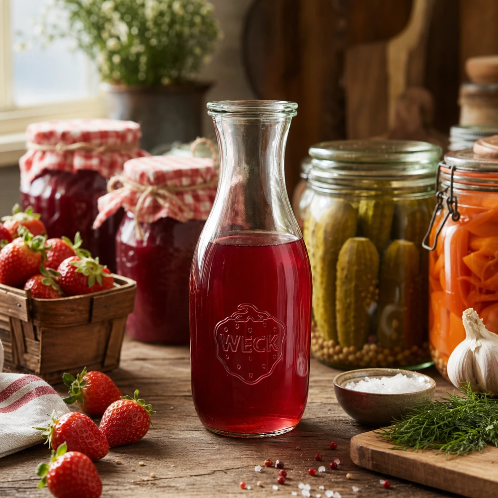 Botella de zumo WECK de 1062 ml llena de zumo de fresa roja rodeada de fresas frescas y tarros de conserva en la cocina