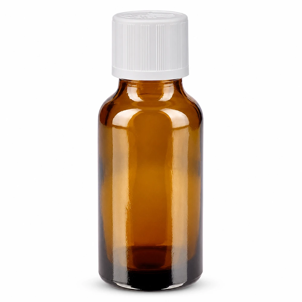 Botella de farmacia marrón 20ml tapón de rosca blanco a prueba de niños estándar Frasco de farmacia marrón de 20 ml con tapón de seguridad para niños de color blanco, fabricado en vidrio marrón de alta calidad