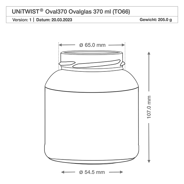 Tarro ovalado de 370ml sin tapa (TO66) UNiTWIST Dibujo técnico UNiTWIST Oval370 Vaso ovalado 370ml TO66 con dimensiones Diámetro 65mm Altura 107mm Peso 205g