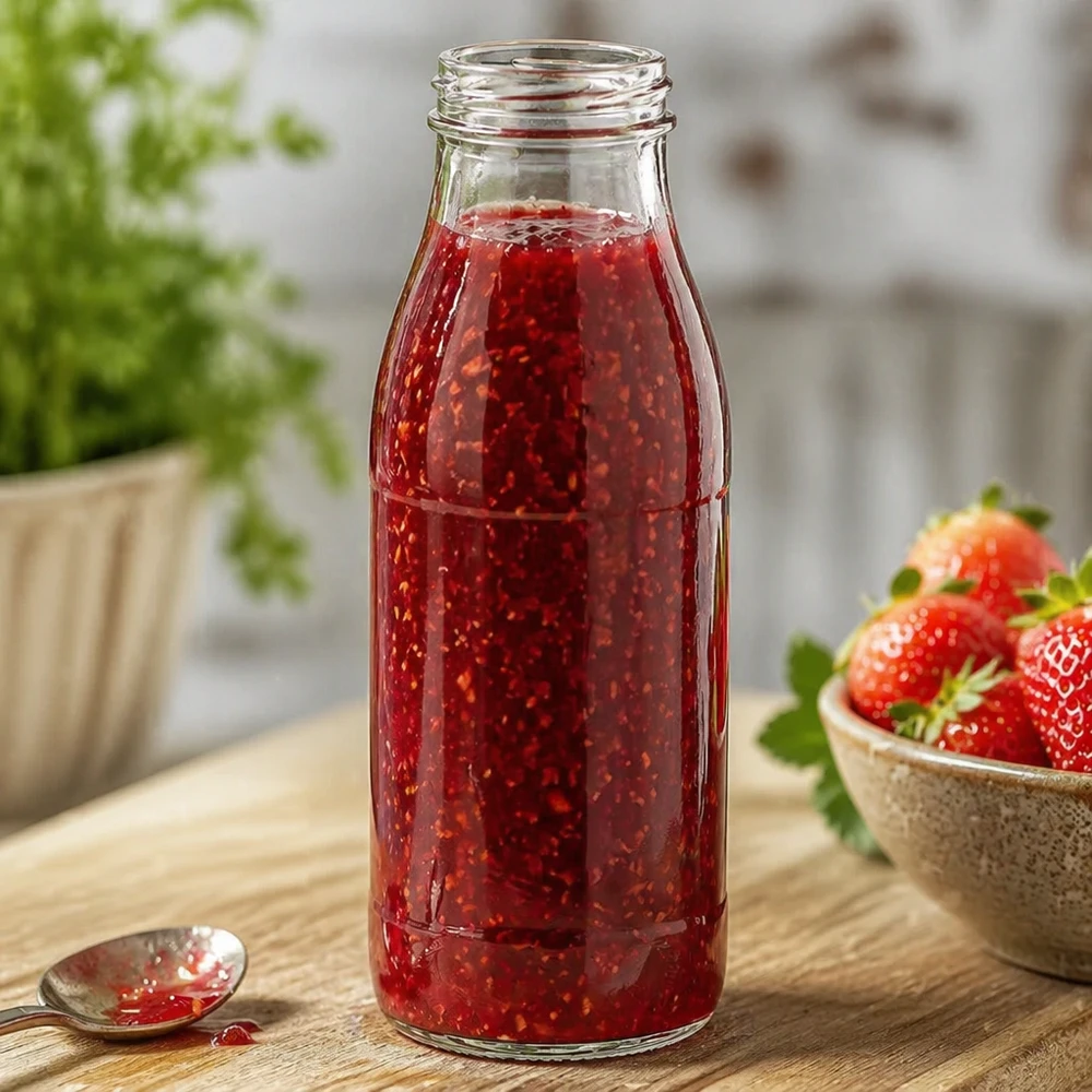 Frasco de vidrio de 500 ml sin tapa (TO48) UNiTWIST Botella de cristal de 500 ml sin tapa TO48 UNiTWIST llena de mermelada roja junto a fresas frescas sobre una mesa de madera
