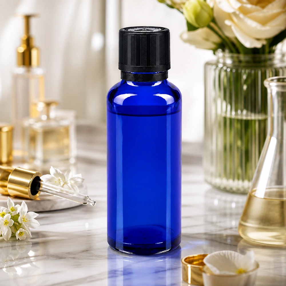 Frasco de farmacia azul cobalto de 30 ml con tapón KiSi sobre fondo de mármol, rodeado de frascos de cosméticos