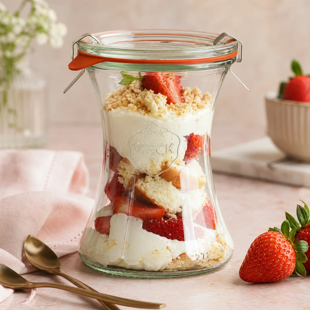 Tarro de cristal para delicatessen de 370 ml, completo, WECK RR80 WECK delicatessen tarro 370ml con fresa postre en capas yogur migas ambiente rosa postre en tarro