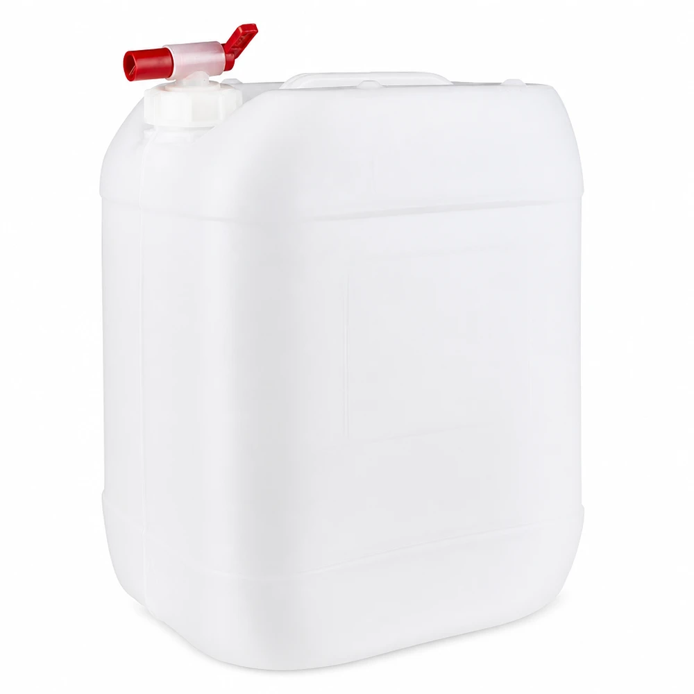 Bidón de 20 litros con grifo de vaciado Bidón de plástico blanco de 20 litros con grifo de salida rojo, fabricado en HDPE