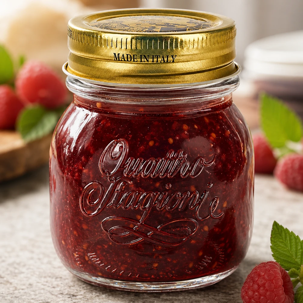 Tarro redondo de 150 ml "Quattro Stagioni" con tapa Tarro redondo de 150 ml Quattro Stagioni con tapa dorada Made in Italy relleno de mermelada roja y bayas frescas