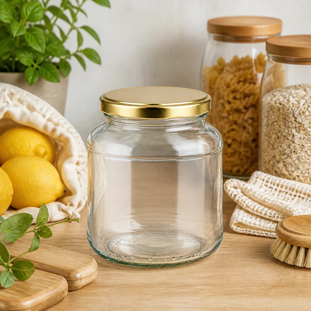 Tarro ovalado de 370 ml vacío con tapa dorada BasicSeal UNiTWIST en un entorno de cocina natural con limones y hierbas aromáticas