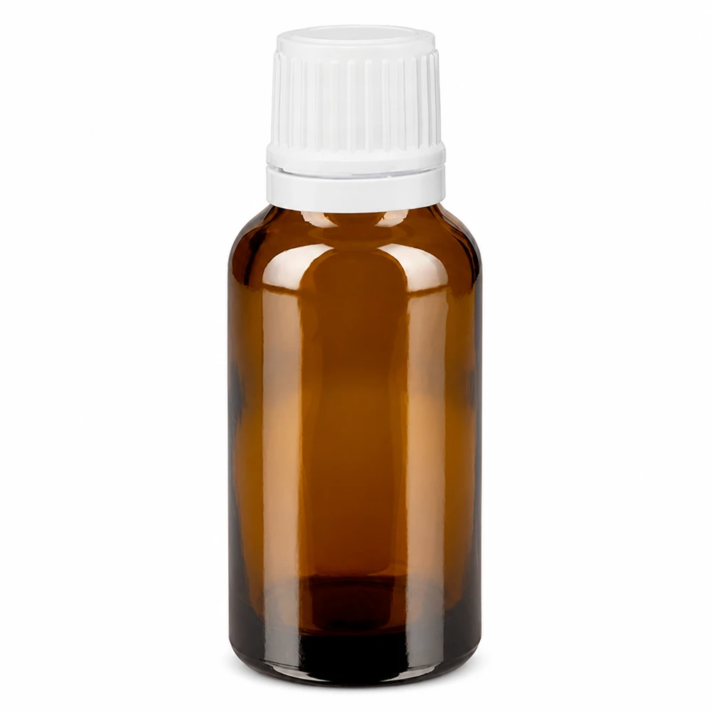Frasco de farmacia de 20 ml de vidrio ámbar con tapón de seguridad para niños de color blanco y cuentagotas
