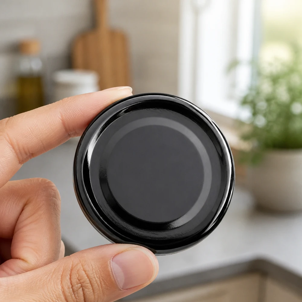 Tapa BasicSeal de 43 mm, negra, modelo TO43, sostenida con la mano en una cocina moderna