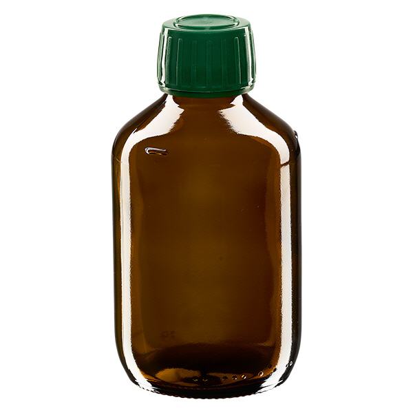 Frasco medicamento 200ml marrón, tapón verde con precinto de seguridad ApoGlas Frasco medicamento 200ml marrón, tapón verde con precinto de seguridad ApoGlas