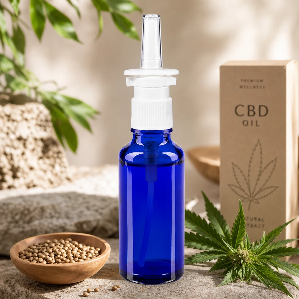 Frasco de spray nasal ApoGlas de 30 ml en azul cobalto, con aceite de CBD y decoración natural