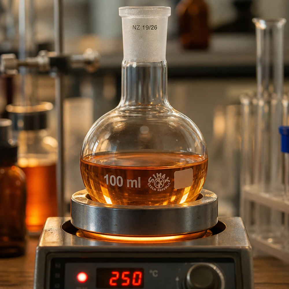 Matraz Erguido 100ml sobre placa calefactora a 250°C - material de vidrio de laboratorio resistente al calor con junta esmerilada estándar 19/26