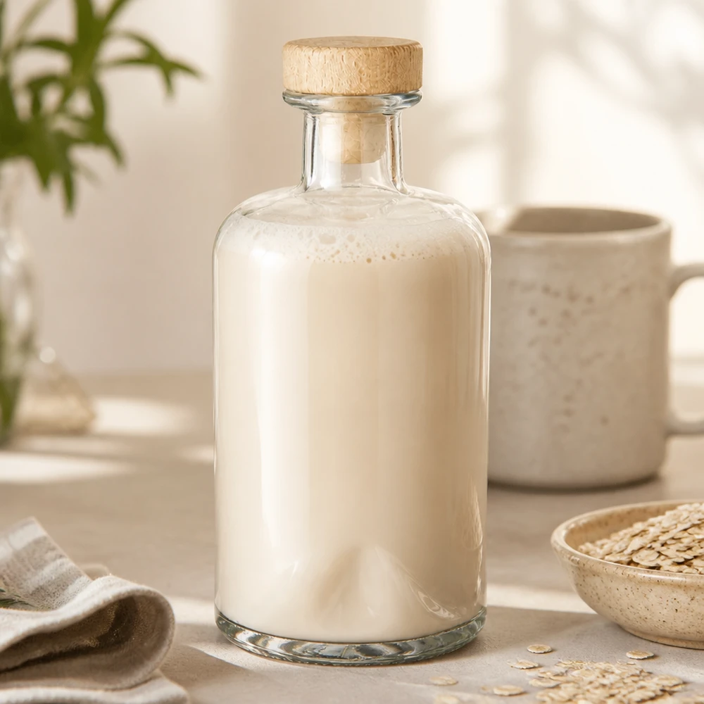 Botella de farmacia de 500 ml «Sofia» con tapón de corcho con asa de madera UNiTWIST® 500ml Glasflasche Sofia mit Milch befüllt in natürlicher Küchenszene mit Haferflocken und cremefarbener Keramik