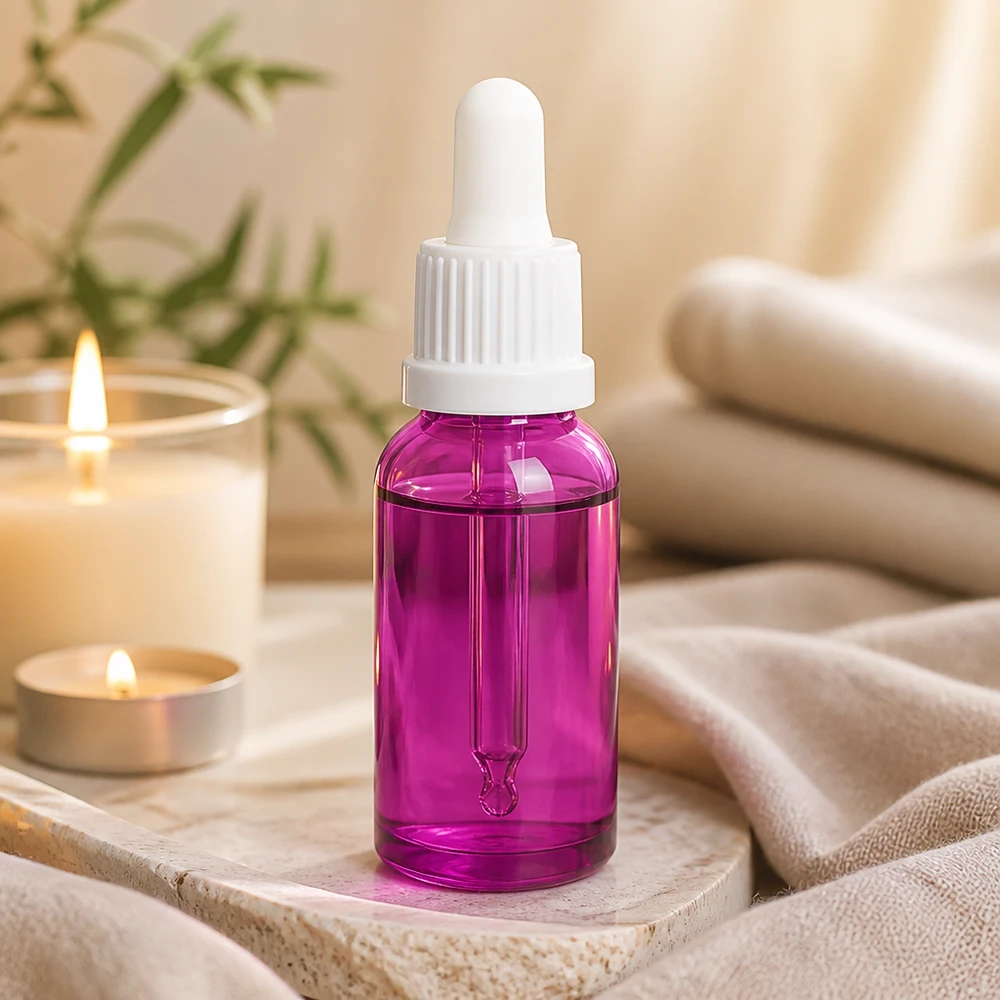 Frasco pipeta 20ml tapón rosca originalidad blanco PurpleLine UT18/20 Frasco pipeta premium de 20 ml de vidrio de alta calidad en color morado para sueros y aceites
