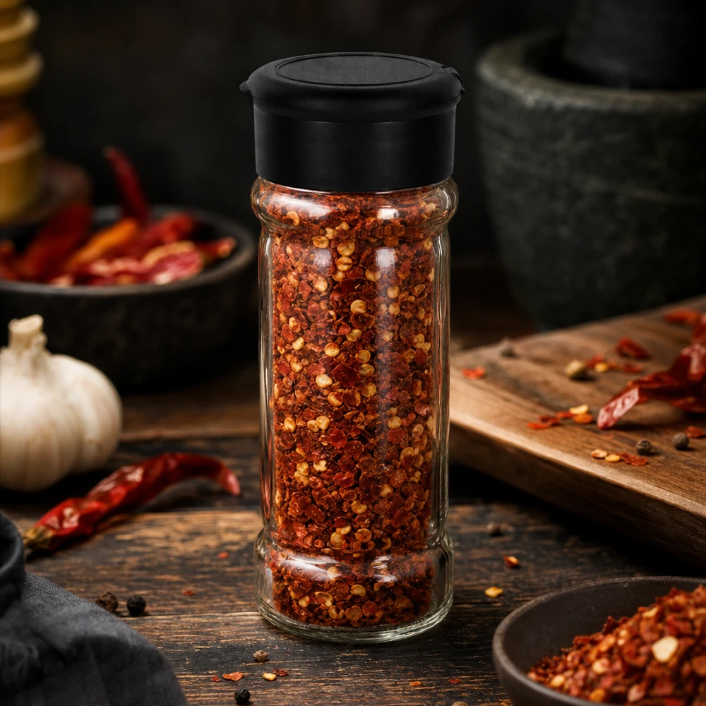 Frasco para especias de 100 ml lleno de copos de chile, con tapa dosificadora negra sobre una base de madera