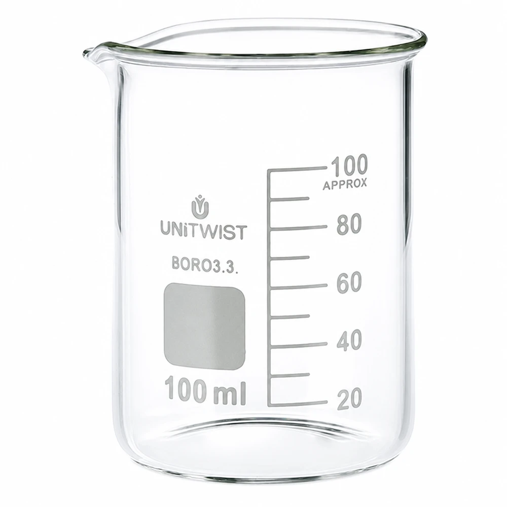 Vaso 100 ml borosilicato, molde bajo UNiTWIST Vaso de precipitados de 100 ml de borosilicato, de forma baja, de UNiTWIST, con escala en mililitros