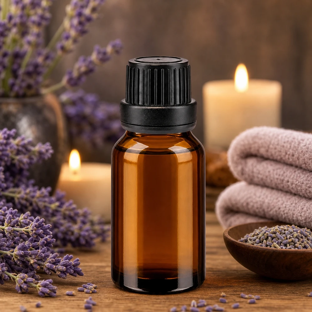 Frasco de farmacia marrón de 15 ml con lavanda y velas, dispuesto en un ambiente relajante de spa