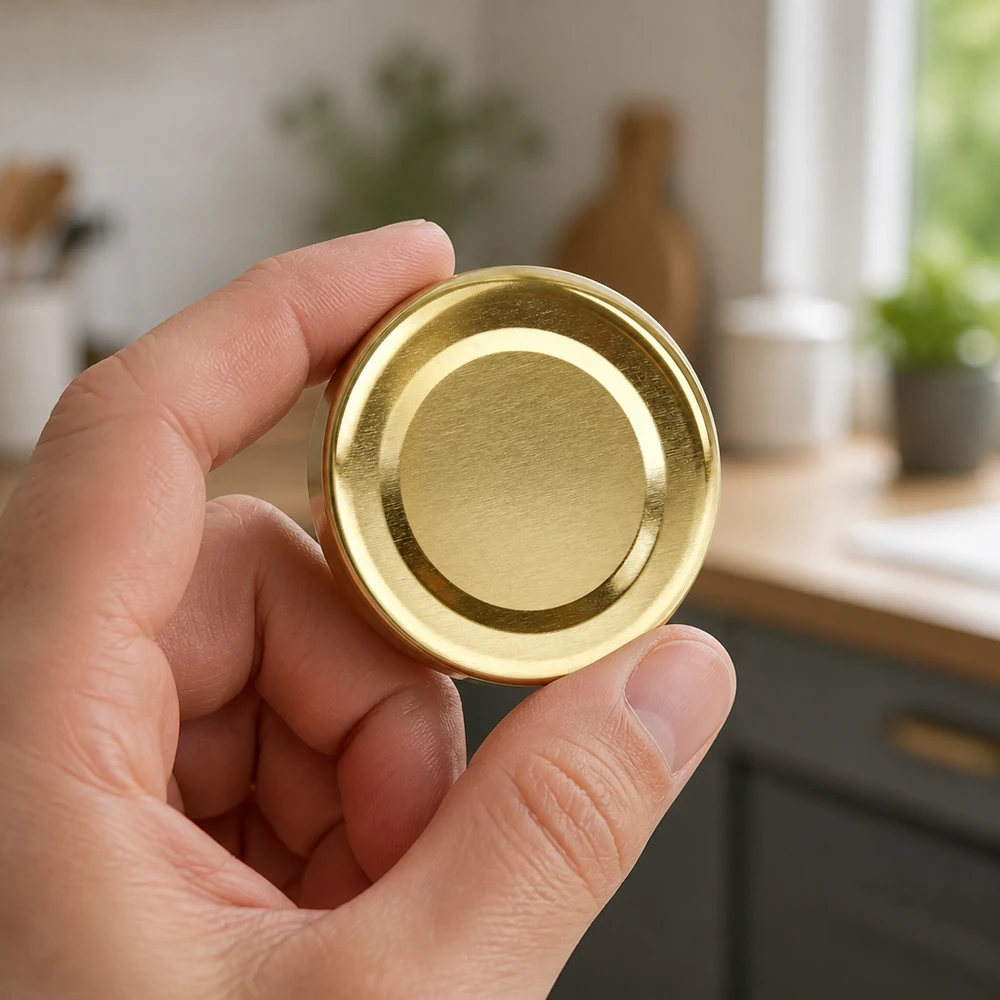 Tapa BasicSeal de 48 mm, color dorado (TO48) UNiTWIST Mano sosteniendo una tapa metálica dorada TO48 BasicSeal UniTwist de 48 mm para tarros