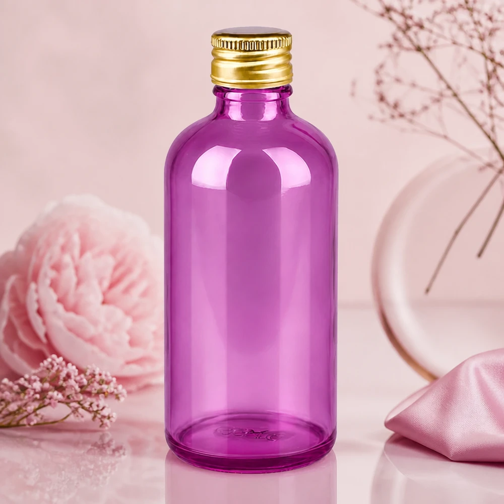 Frasco de farmacia compacto de 100 ml de vidrio violeta con práctico tapón de rosca para pequeñas cantidades