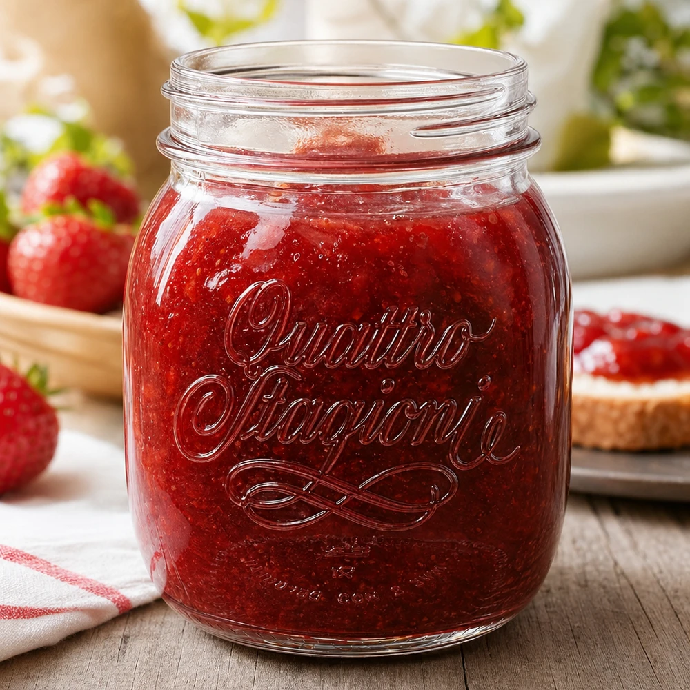 Vaso redondo 700ml "Quattro Stagioni" QS86mm Tarro doméstico Quattro Stagioni de 700 ml lleno de mermelada roja junto a fresas frescas sobre una mesa de madera