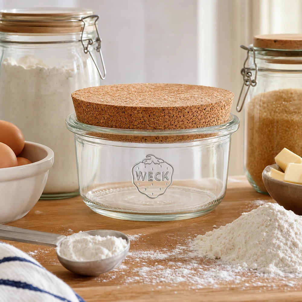 WECK tarro de almacenamiento 165ml RR80 tapa de corcho cocina ingredientes para hornear harina huevos mantequilla almacenamiento natural escena cocina