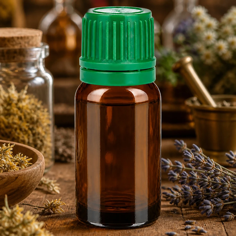 Botella 10ml tapón rosca 11mm verde BrownLine UT18/10 Frasco de vidrio ámbar de 10 ml con tapón verde antigoteo ideal para extractos de hierbas y tinturas