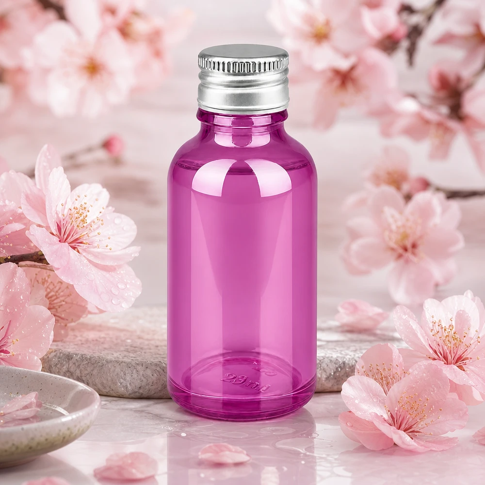 Frasco 30ml tapón rosca 11mm aluminio-plata estándar PurpleLine.UT18/30 Elegante frasco de cristal violeta de 30 ml con tapón plateado mate para aromaterapia y bienestar