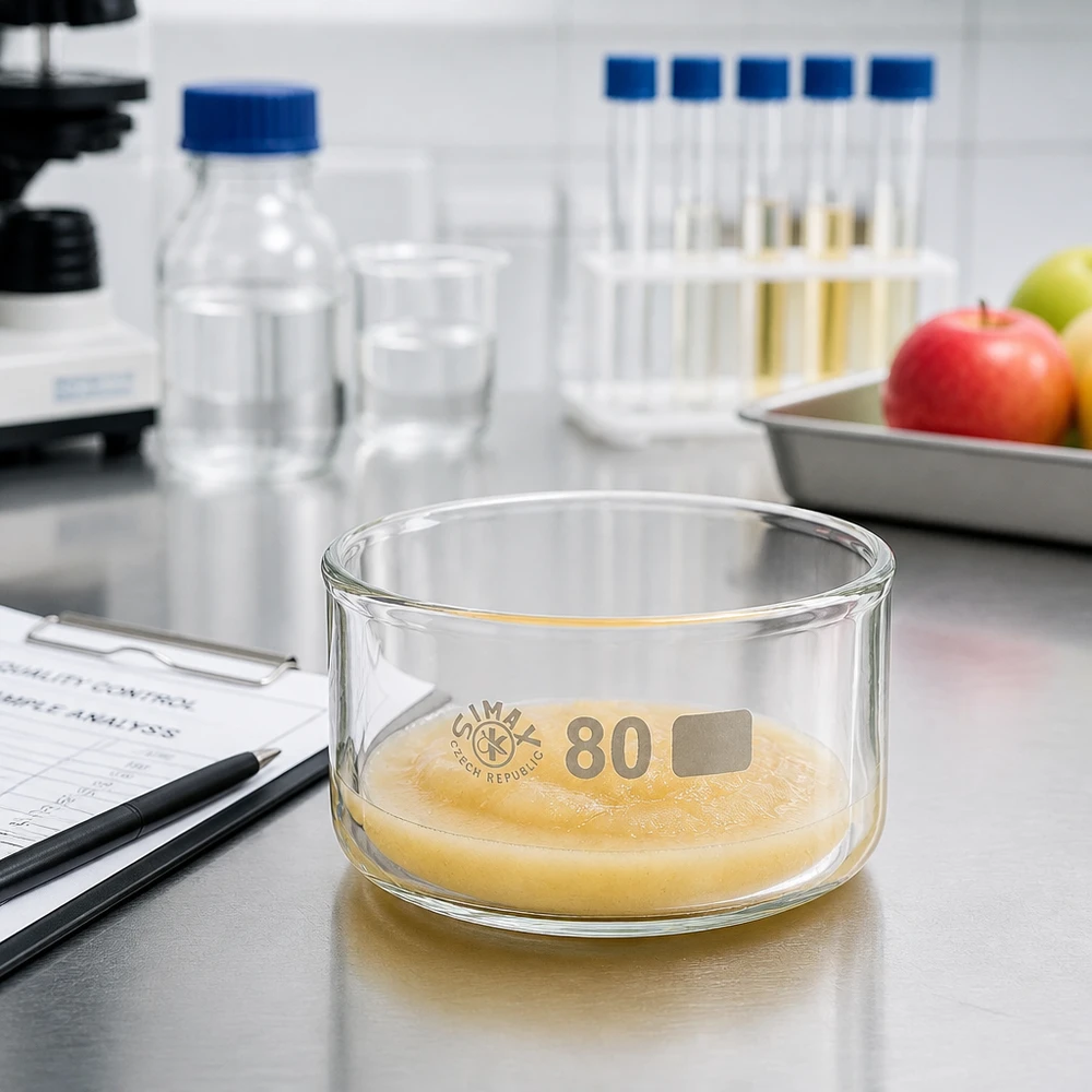 Cubeta de cristalización de 80 mm con una muestra amarillenta en el laboratorio de análisis de alimentos, junto a manzanas y tubos de ensayo