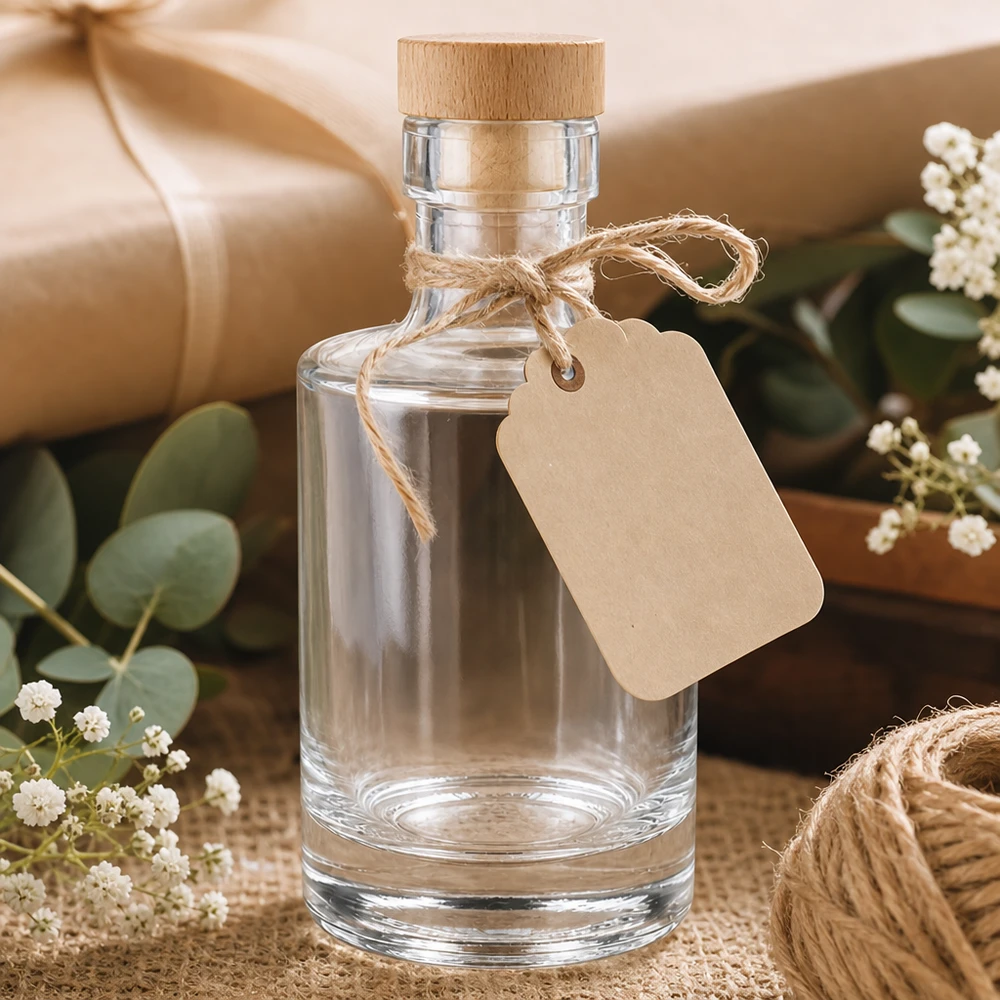 Botella de cristal de 200 ml Marie vacía con corcho de madera, etiqueta de papel kraft, caja de regalo con eucalipto y gypsophila