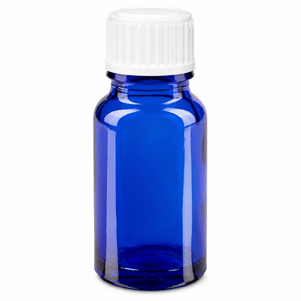 Botella de farmacia azul 10ml tapón rosca blanco estándar Frasco de farmacia de cristal azul de 10 ml con tapón de rosca blanco estándar de 11 mm