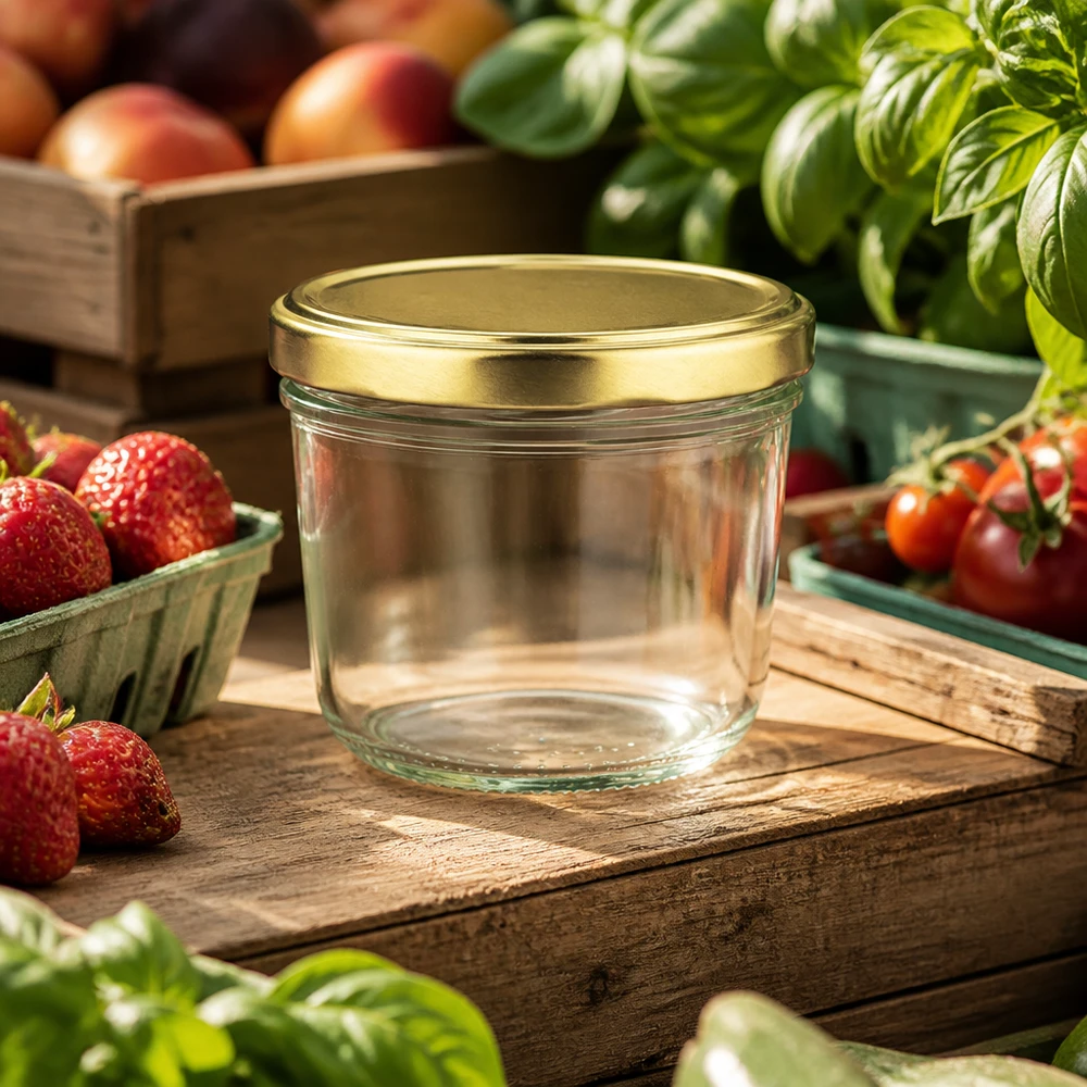 Vasos de 230 ml con tapa BasicSeal dorada UNiTWIST Vasos de 230 ml con tapa dorada BasicSeal sobre una tabla de madera rústica rodeada de fresas y tomates frescos