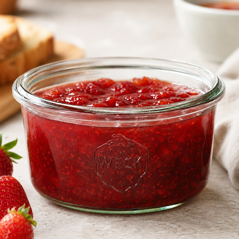 Tarro de cristal de 165 ml WECK RR80 Tarro WECK RR80 de 165 ml lleno de mermelada de fresa roja sobre una mesa de madera blanca junto a fresas frescas y pan