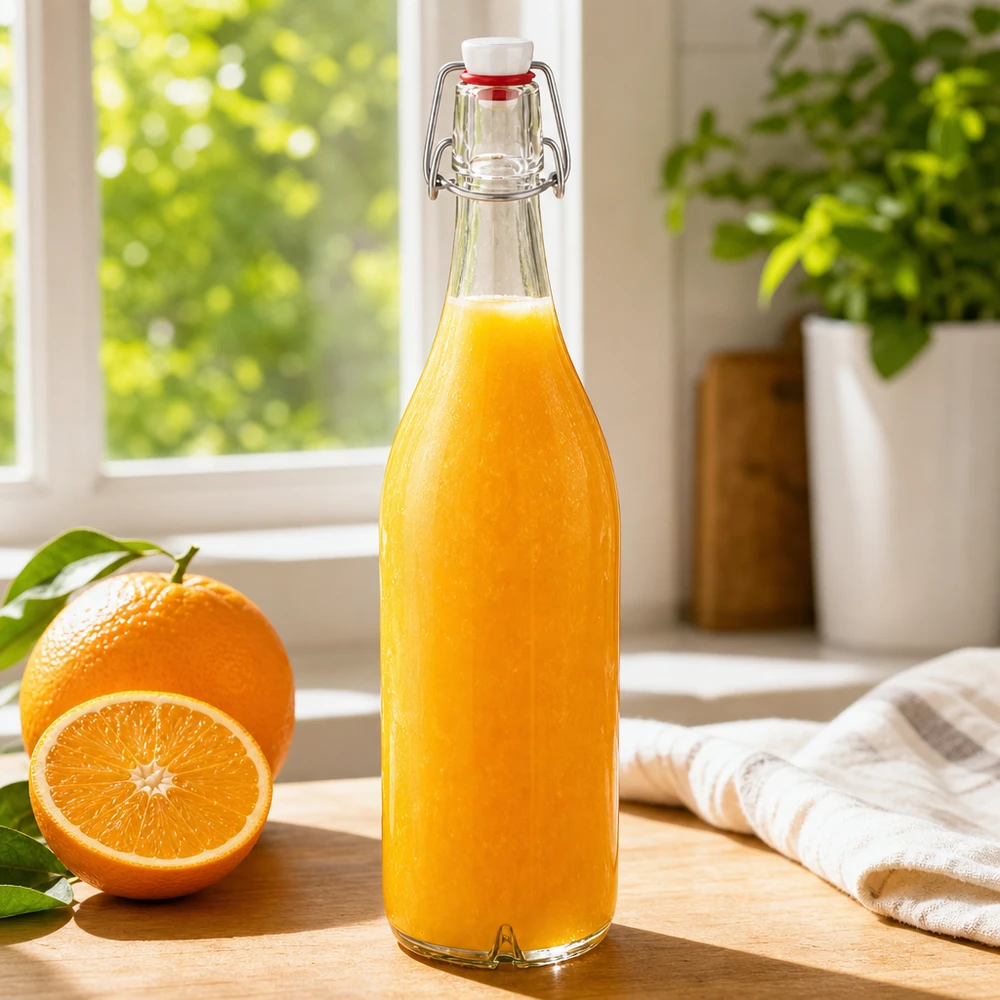 Botella de cristal de 1000 ml con tapa abatible de PVC llena de zumo de naranja fresco junto a una naranja en el alféizar de madera de la ventana