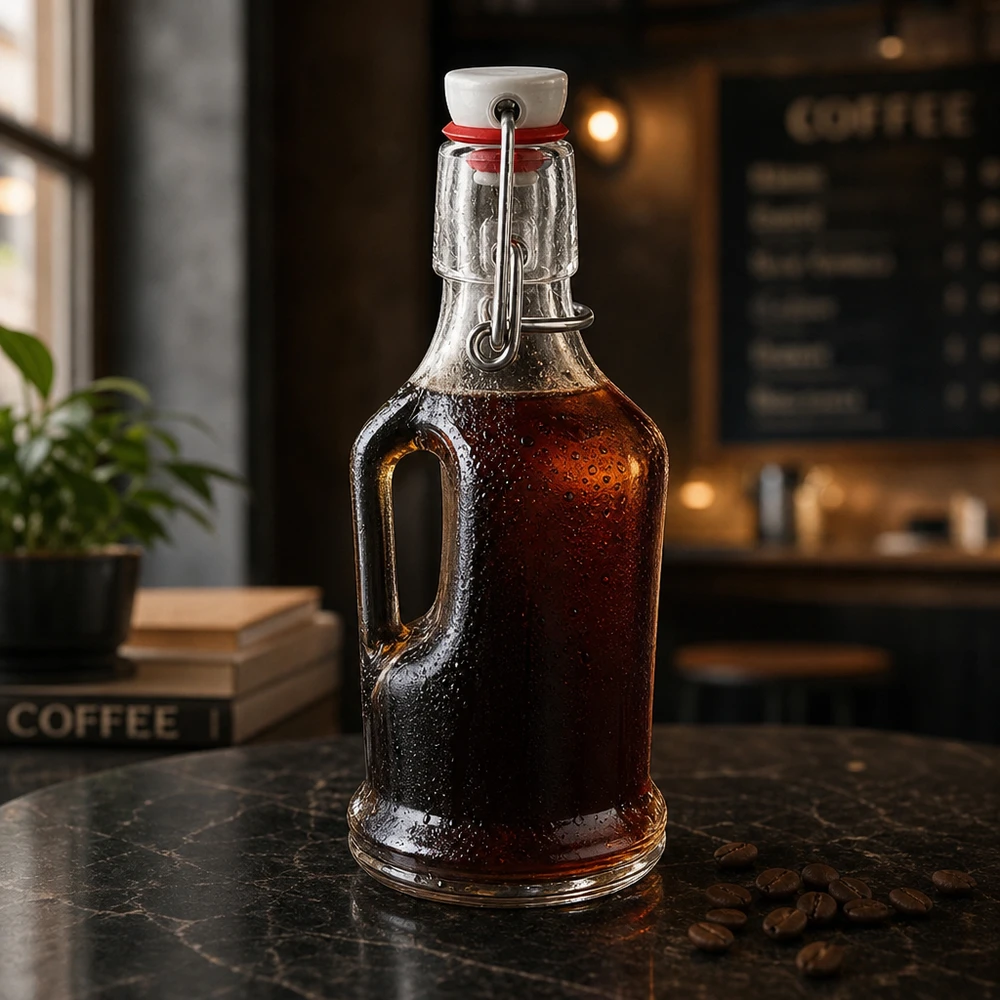 Botella de vidrio de 200 ml «Bertha» y tapón de PVC UNiTWIST® 200ml Glasflasche Bertha mit dunklem Kaffee-Sirup befüllt, Bügelverschluss UNiTWIST, Coffeeshop-Atmosphäre