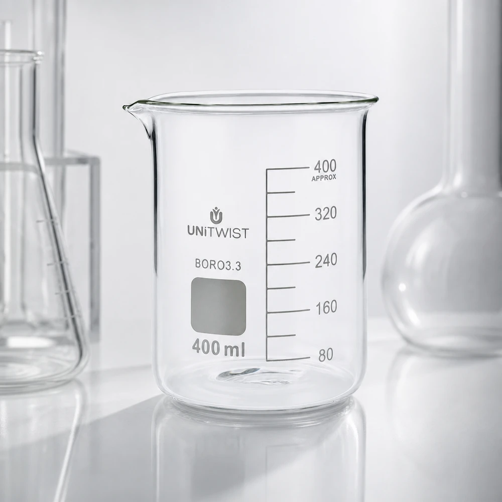 Vaso de precipitados UNiTWIST vacío de 400 ml, de borosilicato 3.3, de perfil bajo y con graduación precisa en ml