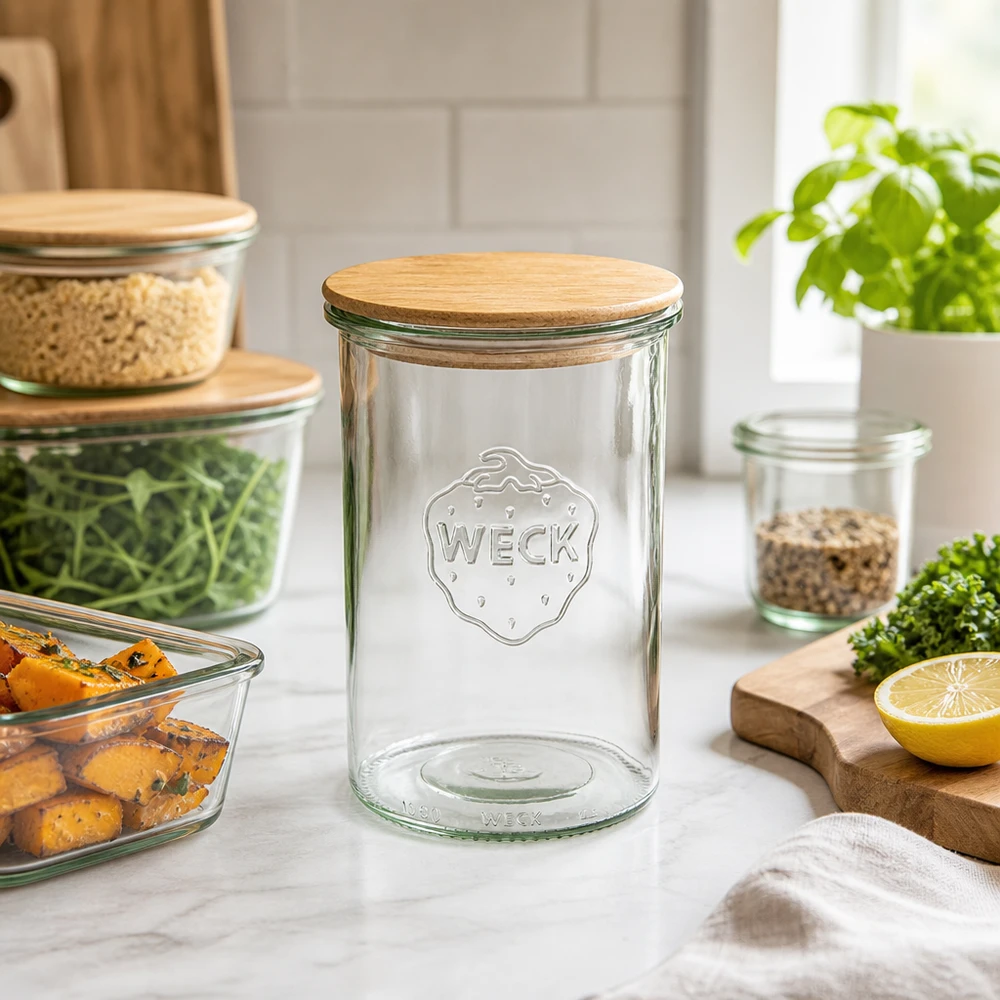 Vasos WECK RR100 de 1000ml con tapa de madera WECK vasos 1000ml RR100 vacía con tapa de madera en la escena de la cocina moderna con verduras y otros frascos de almacenamiento
