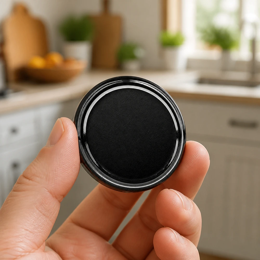 Tapa BasicSeal de 58 mm, negra (TO58) UNiTWIST Tapa negra para tarros de 58 mm TO58 BasicSeal UNiTWIST, en la mano, en la cocina