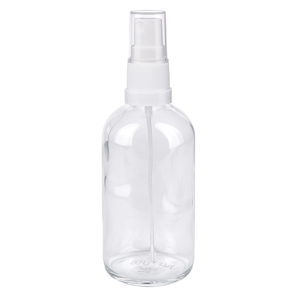 Frasco pulverizador 100ml blanco/transparente tapón estándar ClearLine UT18/100 Botella pulverizadora de 100 ml de cristal transparente con pulverizador blanco, serie ClearLine