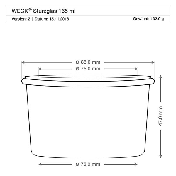 Vaso 165ml WECK RR80 con corcho natural Dibujo técnico vasos WECK RR80 de 165ml con dimensiones 88mm diámetro 47mm altura 132g peso