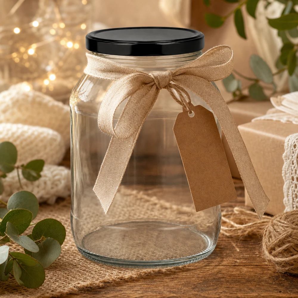Tarro redondo grande de 2650ml con tapa negra de regalo decorado con un lazo beige y colgante en un ambiente rústico.